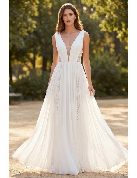 Boho Chiffon Deep-V Wedding Dress with Lace Panels for Outdoor Garden Ceremonies WB0909