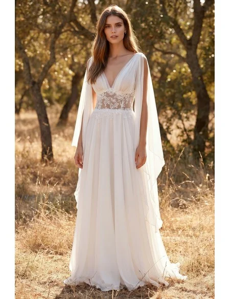 sheer boho dress Chiffon Wedding with Lace Bodice and Flowing Cape Sleeves for Outdoor Brides Off Shouder Floral Lace BD23781 Color:Ivory Shantung Beautifully crafted from a