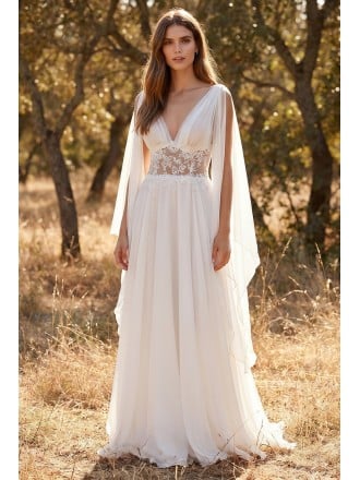 Boho Chiffon Wedding Dress with Sheer Lace Bodice and Flowing Cape Sleeves for Outdoor Brides