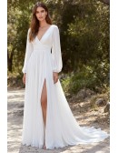 Boho Long Sleeve Chiffon Wedding Dress with Slit for Outdoor Forest Ceremonies