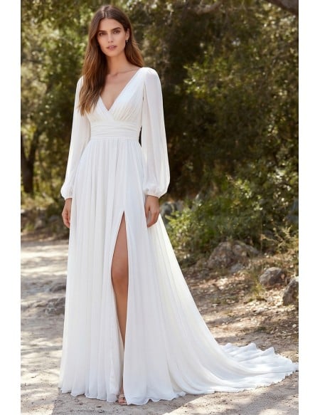 Boho Long Sleeve Chiffon Wedding Dress with Slit for Outdoor Forest Ceremonies
