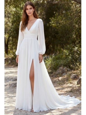 Boho Long Sleeve Chiffon Wedding Dress with Slit for Outdoor Forest Ceremonies