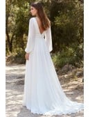 Boho Long Sleeve Chiffon Wedding Dress with Slit for Outdoor Forest Ceremonies