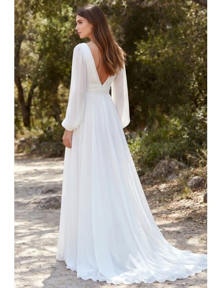 Boho Long Sleeve Chiffon Wedding Dress with Slit for Outdoor Forest Ceremonies