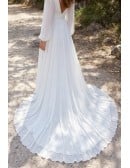 Boho Long Sleeve Chiffon Wedding Dress with Slit for Outdoor Forest Ceremonies