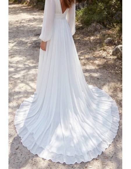 Boho Long Sleeve Chiffon Wedding Dress with Slit for Outdoor Forest Ceremonies