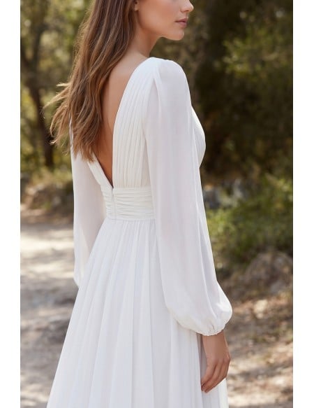Boho Long Sleeve Chiffon Wedding Dress with Slit for Outdoor Forest Ceremonies