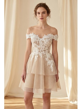 Off-Shoulder Lace Mini Wedding Dress with Sheer Back for Courthouse or City Hall Brides