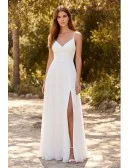 Minimalist Spaghetti-Strap Wedding Dress with Leg Slit for Effortless Beach Ceremonies