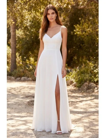 Minimalist Spaghetti-Strap Wedding Dress with Leg Slit for Effortless Beach Ceremonies
