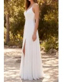 Minimalist Spaghetti-Strap Wedding Dress with Leg Slit for Effortless Beach Ceremonies