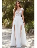 Boho Lace Illusion Wedding Dress with Double Slits for Outdoor Summer Ceremonies