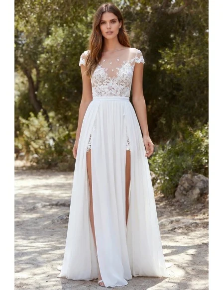 Boho Lace Illusion Wedding Dress with Double Slits for Outdoor Summer Ceremonies