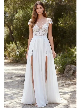 Boho Lace Illusion Wedding Dress with Double Slits for Outdoor Summer Ceremonies