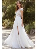 Boho Lace Illusion Wedding Dress with Double Slits for Outdoor Summer Ceremonies