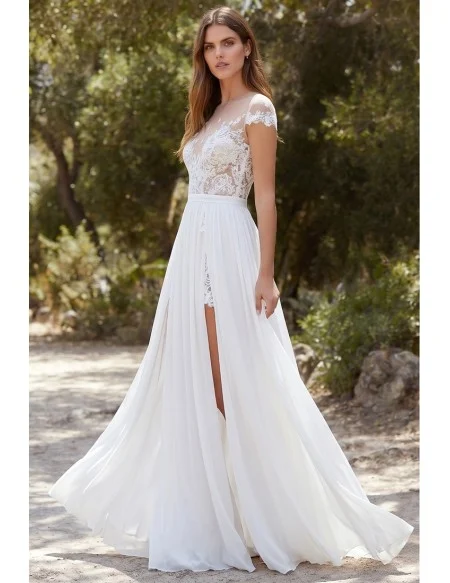 Boho Lace Illusion Wedding Dress with Double Slits for Outdoor Summer Ceremonies
