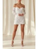 Off-Shoulder Lace Mini Wedding Dress with Long Sleeves for Courthouse or City Hall Brides