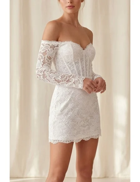 Off-Shoulder Lace Mini Wedding Dress with Long Sleeves for Courthouse or City Hall Brides