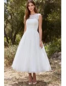 Tea-Length Lace A-Line Wedding Dress with Illusion Neckline for Outdoor Garden Ceremonies