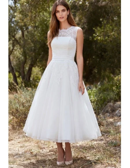Tea-Length Lace A-Line Wedding Dress with Illusion Neckline for Outdoor Garden Ceremonies