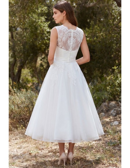 Tea-Length Lace A-Line Wedding Dress with Illusion Neckline for Outdoor Garden Ceremonies