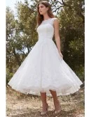 Tea-Length Lace A-Line Wedding Dress with Illusion Neckline for Outdoor Garden Ceremonies