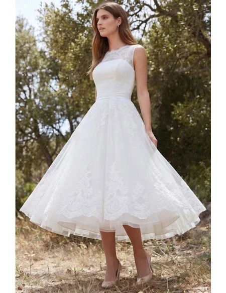 Tea-Length Lace A-Line Wedding Dress with Illusion Neckline for Outdoor Garden Ceremonies
