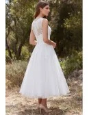 Tea-Length Lace A-Line Wedding Dress with Illusion Neckline for Outdoor Garden Ceremonies