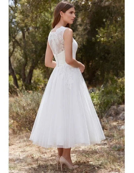 Tea-Length Lace A-Line Wedding Dress with Illusion Neckline for Outdoor Garden Ceremonies