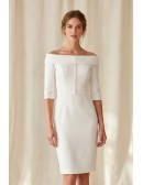 Minimalist Off-Shoulder Knee-Length Wedding Dress with Buttons for Courthouse Brides