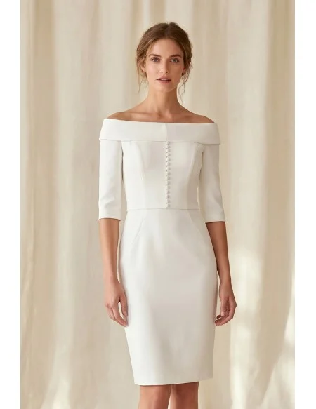 Minimalist Off-Shoulder Knee-Length Wedding Dress with Buttons for Courthouse Brides