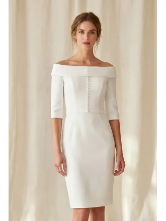 Minimalist Off-Shoulder Knee-Length Wedding Dress with Buttons for Courthouse Brides