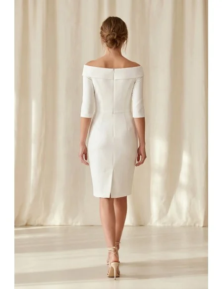 Minimalist Off-Shoulder Knee-Length Wedding Dress with Buttons for Courthouse Brides