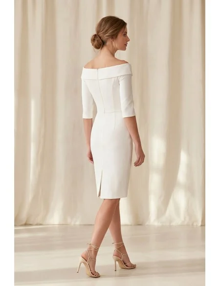 Minimalist Off-Shoulder Knee-Length Wedding Dress with Buttons for Courthouse Brides