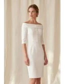 Minimalist Off-Shoulder Knee-Length Wedding Dress with Buttons for Courthouse Brides