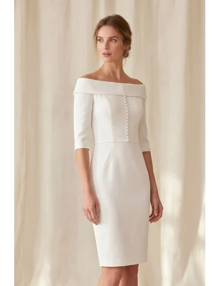 Minimalist Off-Shoulder Knee-Length Wedding Dress with Buttons for Courthouse Brides