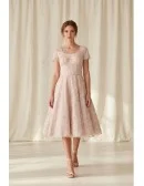 Vintage Lace Tea-Length Wedding Dress with Short Sleeves for Courthouse Ceremonies