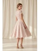 Vintage Lace Tea-Length Wedding Dress with Short Sleeves for Courthouse Ceremonies