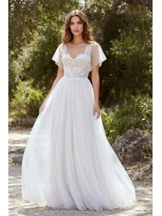 Boho Tulle A-Line Wedding Dress with Flutter Sleeves for Outdoor Garden Ceremonies