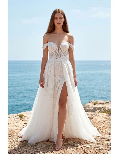 Off-Shoulder Lace Wedding Dress with High Slit for Romantic Beach Ceremonies