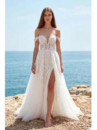 Off-Shoulder Lace Wedding Dress with High Slit for Romantic Beach Ceremonies