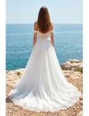 Off-Shoulder Lace Wedding Dress with High Slit for Romantic Beach Ceremonies