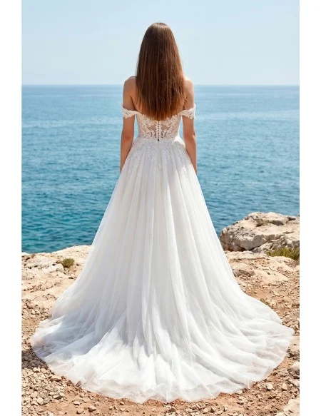 Off-Shoulder Lace Wedding Dress with High Slit for Romantic Beach Ceremonies