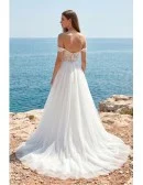 Off-Shoulder Lace Wedding Dress with High Slit for Romantic Beach Ceremonies