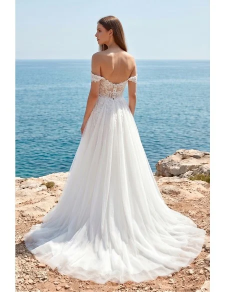 Off-Shoulder Lace Wedding Dress with High Slit for Romantic Beach Ceremonies
