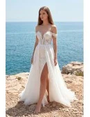 Off-Shoulder Lace Wedding Dress with High Slit for Romantic Beach Ceremonies