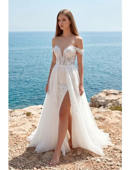 Off-Shoulder Lace Wedding Dress with High Slit for Romantic Beach Ceremonies