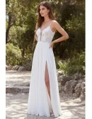 Boho Lace Bodice Wedding Dress with Slit for Effortless Outdoor Beach Ceremonies