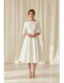 Minimalist Tea-Length Satin Wedding Dress with 3/4 Sleeves for Courthouse Ceremonies