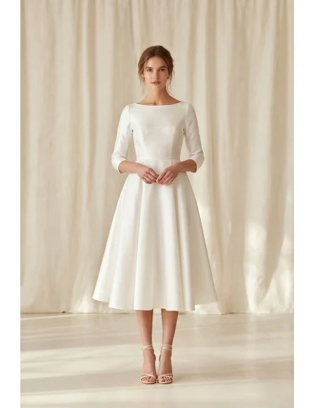 Minimalist Tea-Length Satin Wedding Dress with 3/4 Sleeves for Courthouse Ceremonies